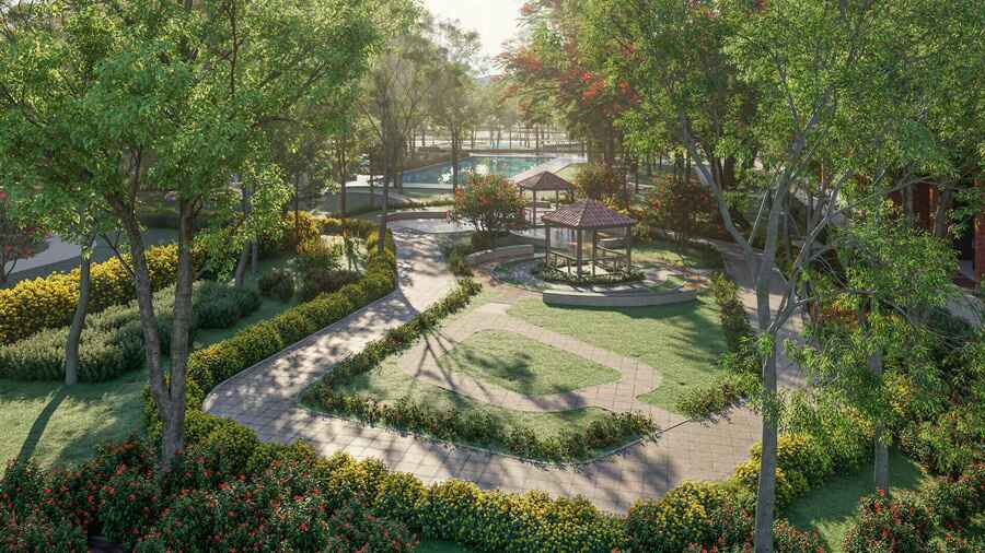 Park with pathways and gazebos